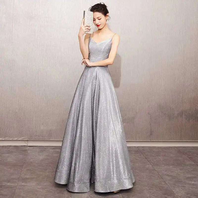 Maxy Elegant Glitter Banquet Dresses Women Fashion Spaghetti Straps Slimming Starry Sky Evening Party Dress Sexy Gown Prom Dress