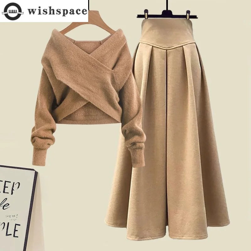 Maxy Style Autumn New Chest Cross Knitted Sweater Pullover Pleated Half Skirt Two-piece Set Fashionable Women's Skirt Set