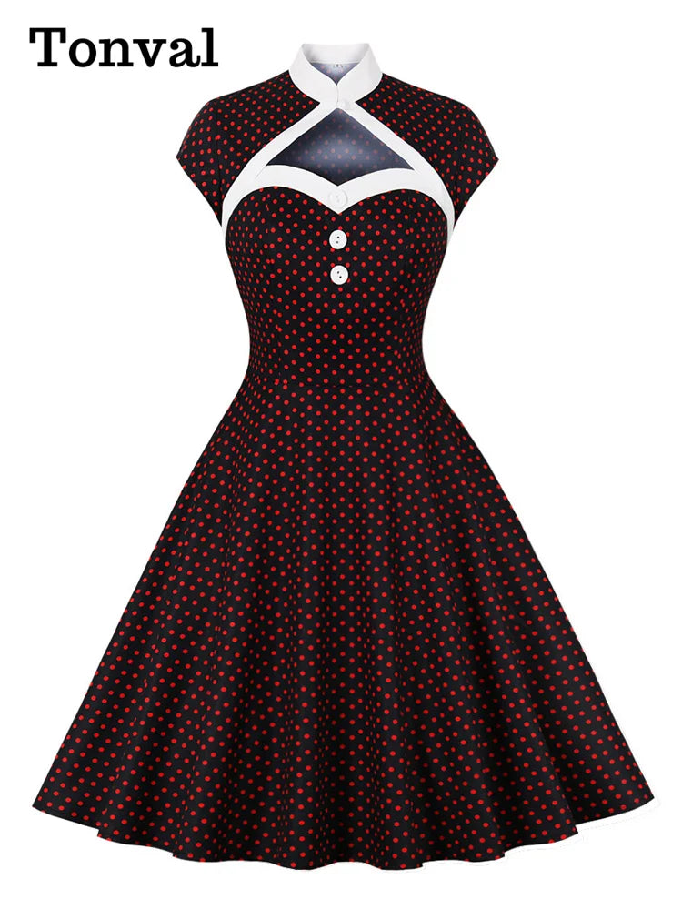 Maxy Toval Stand Collar Hollow Out Front Button Evening Party Dresses Women Cap Sleeve Polka Dot Vintage Dress Elegant Female