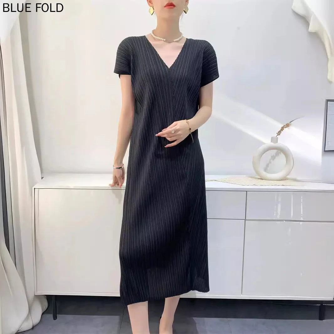 Maxy High-end Summer New V-neck Slit Pleats Dress Medium-length Comfortable Casual Pleated Dresshigh Quality Office Dress Robe