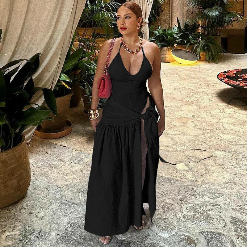 Maxy 2 Piece Set Female V-Neck Jumpsuit Outfits Sexy skirt Sets Lace-Up Pleated High Waist For Women White Bandage two piece