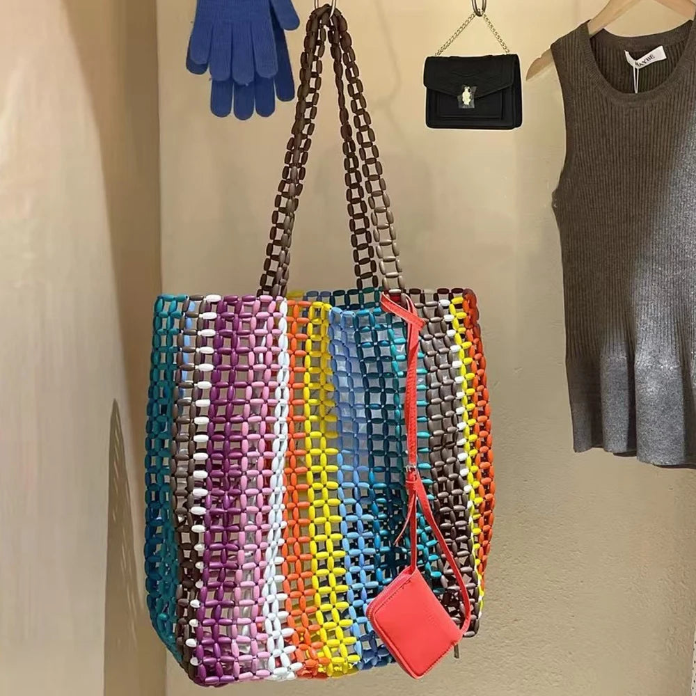 Maxy Beach Rainbow Hollow Tote Bags for Women Luxury Designer Handbags And Purses New In Wood Hand-Woven Large Capacity Shoulder