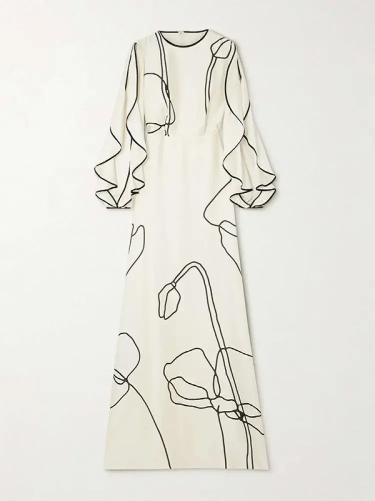 Maxy Yezzi Female British Style Flower Printed Party Evening Dresses New Spring Summer Ruffled Sleeve Falbala Elegant Prom Gown