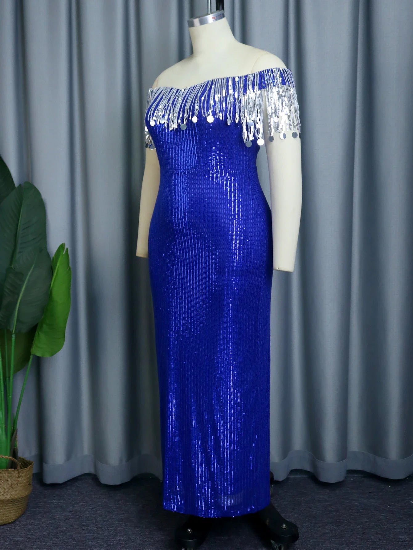 Maxy Off Shoulder Sequin Party Dress Plus Size Glitter Tassel Sparkly Classy Blue Long Dress Evening Celebrity Event Gown