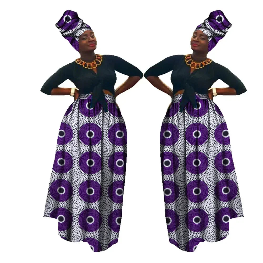 Dashiki African High Waist Ball Grown Skirt Bazin Riche African Skirt and African Headscarf 2 Pieces Lady Maxi Long Skirt WY1270