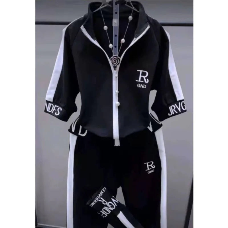 Amay Women's Casual Tracksuit Spring And Autumn New Fashion Suit Plus Size Short Sleeve Hooded Tops Pants 2 Two Piece Set For Women