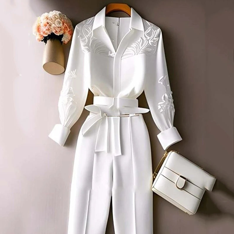 Maxy White Trousers 2 Pieces Loose Pants Suit Women's Two Peice Sets Vintage Long Sleeve Shirt Autumn Blouse Sleeve Korean Top