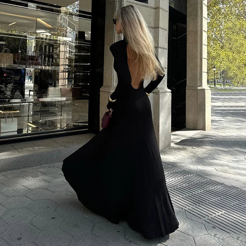 Maxy Autumn Elegant High Collar Evening Dresses Women Black Long Sleeves Backless Dress Fashion Bodycon Banquet Dress