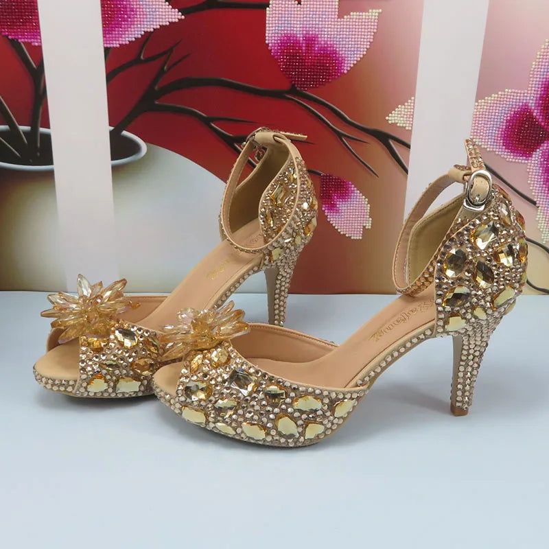 Maxy Champagne Gold Wedding shoes and purse for Women Bridal Fashion High Pumps Open Toe Party Shoe and bag Ankle Strap