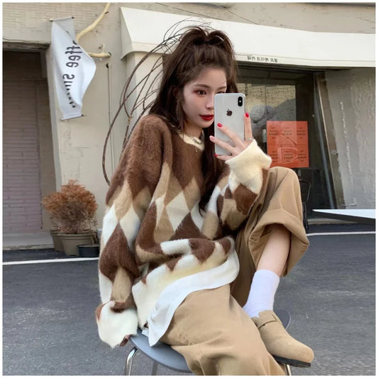 Maxy Women Khaki Clothing Vintage Knitting Sweater Chic Contrasting Colors Long Sleeve Korean Fashion Baggy Female Winter Short Tops