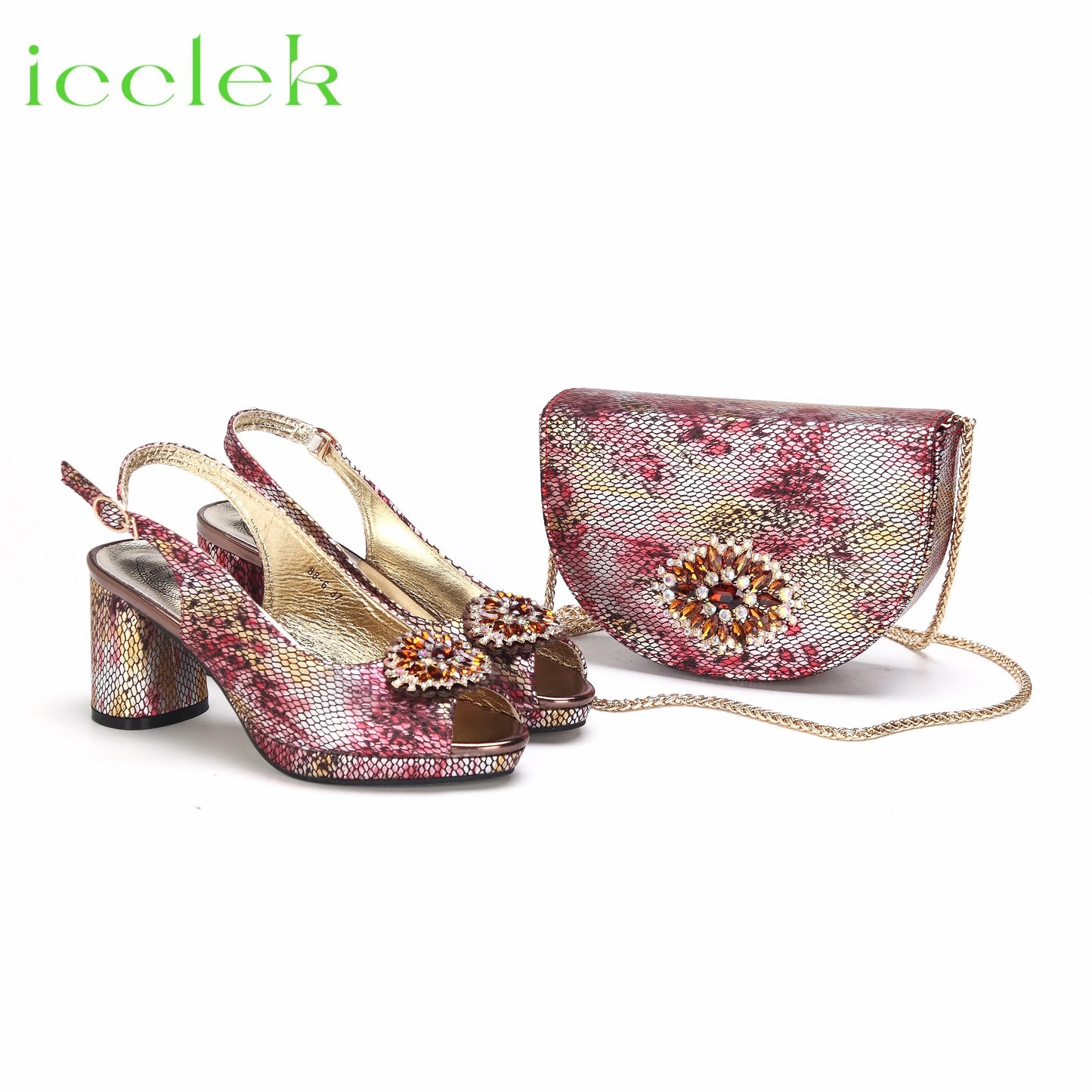 Babs High Quality Peep Toe Snake Pattern Special Design Ladies Party Shoes Matching Bag Set in Green Color