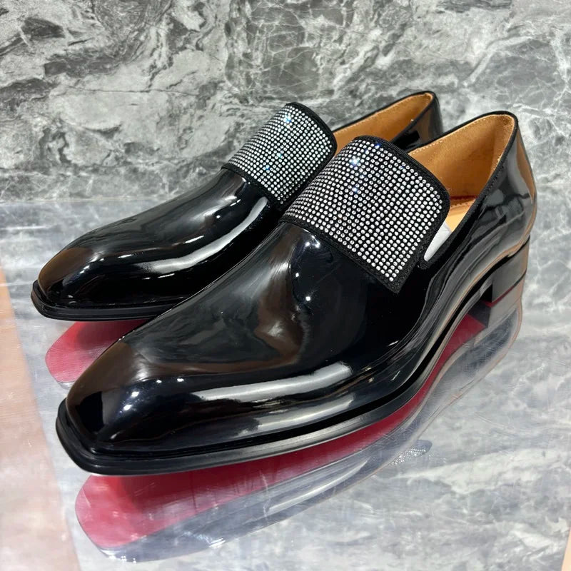 Visco New Stylish Men's Black Patent Leather Shoes Luxury Rhinestone Loafers Shoes For Men Handmade Slip On Dress Shoes Wedding Shoes