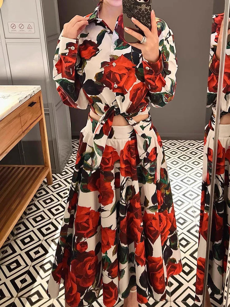 Maxy Two-piece retro printed strappy cinched straight shirt set for autumn women's wear + high-waisted pleated loose skirt set