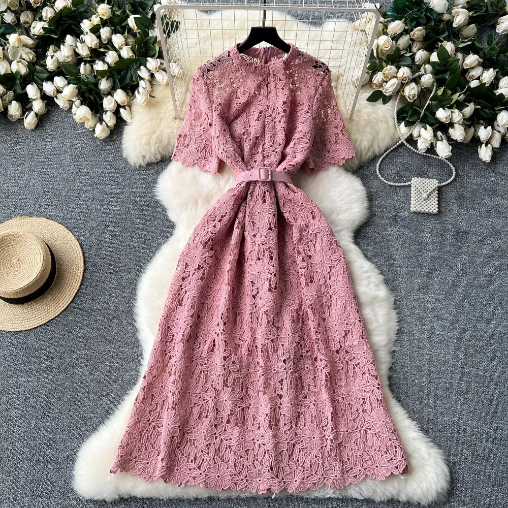 Maxy Temperament Stand Collar Half Sleeve Lace Robe French Style Belt Slim Waist Hollow Out Vestidos Elegant Crochet Mujer