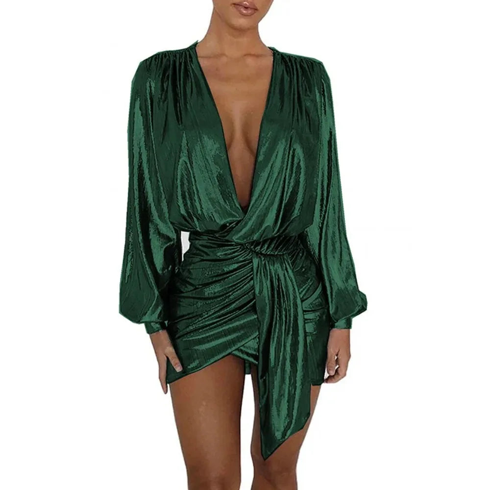 Maxy Plus Size Elegant Deep V-neck Long Sleeve Shiny Metallic Dress Women Evening Irregular Bodycon Mini Dress Vintage Ball Gowns