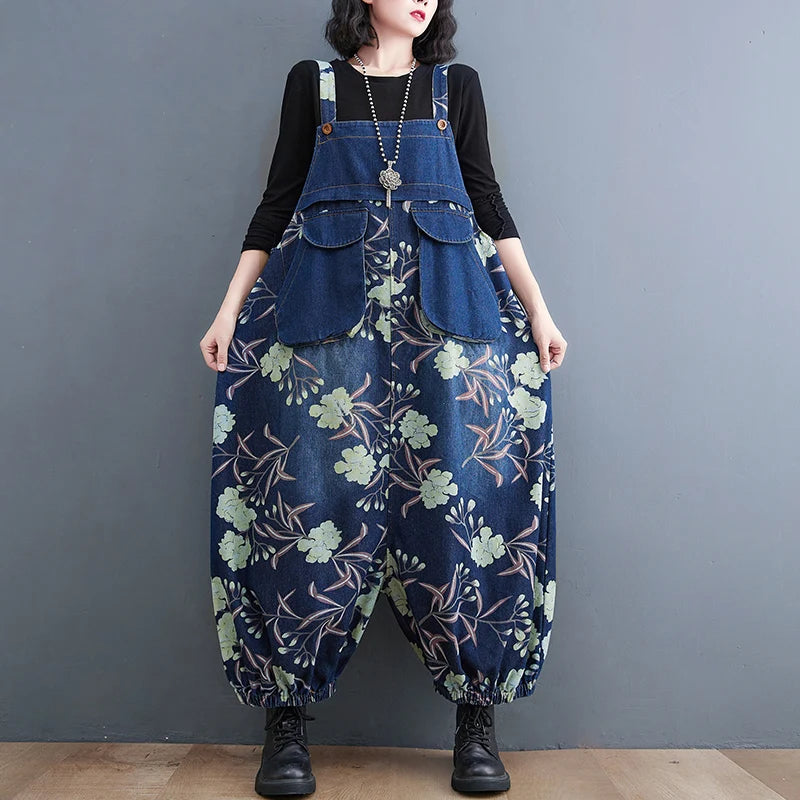 Maxy Slimming Floral Print Denim Overalls Women's Loose Fit High Waist Long Pants Autumn Season Fation plus Size Jeans Overalls