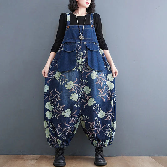 Maxy Slimming Floral Print Denim Overalls Women's Loose Fit High Waist Long Pants Autumn Season Fation plus Size Jeans Overalls