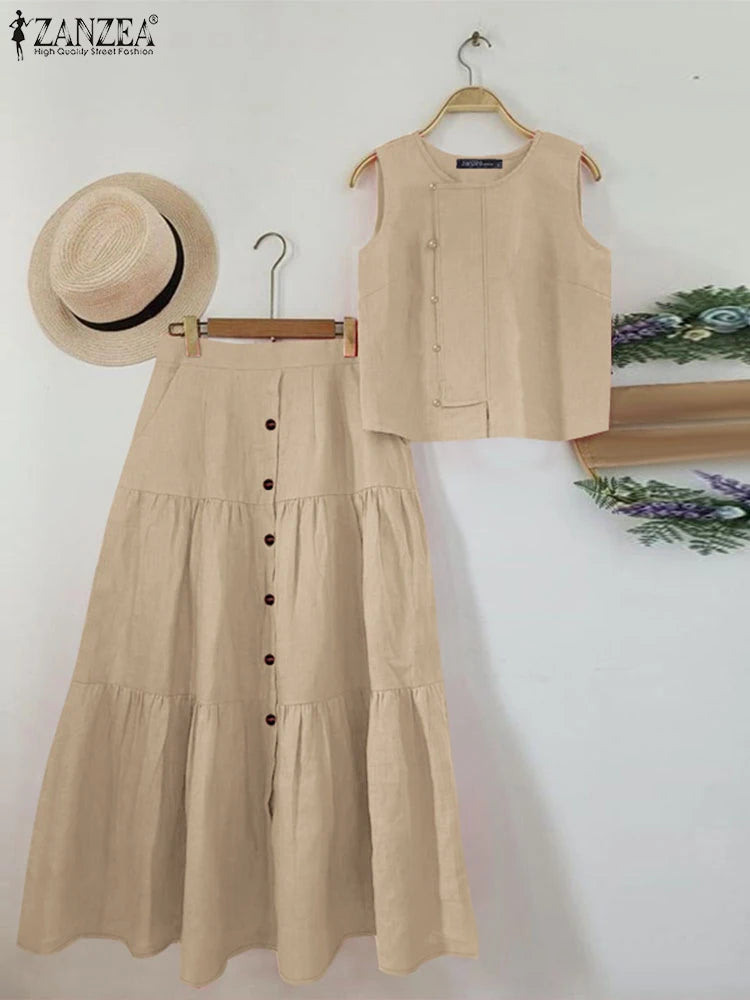 Maxy Fashion Tank Tops Outfits Women Solid Color Dress Sets Holiday Buttons Long Skirts Suit 2025 Summer Pleating Matching Set