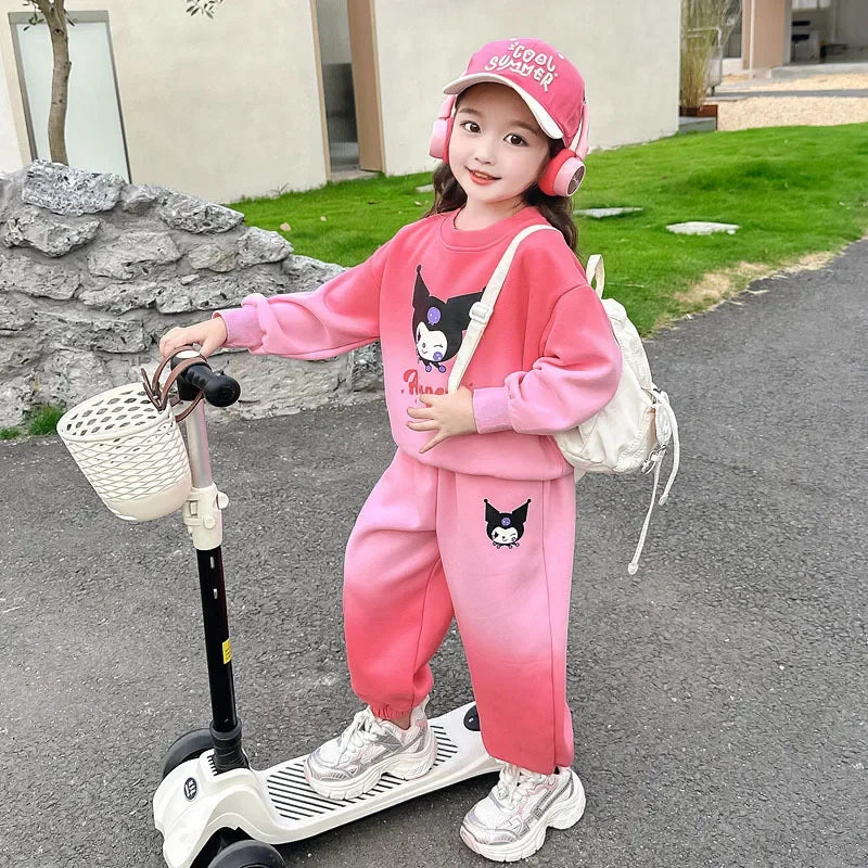 Maxy New Anime Sanrio Kuromi Cartoon Print Hoodies Sets for Girls Long Sleeved Top and Long Pant Children's Tracksuits Birthday Gifts
