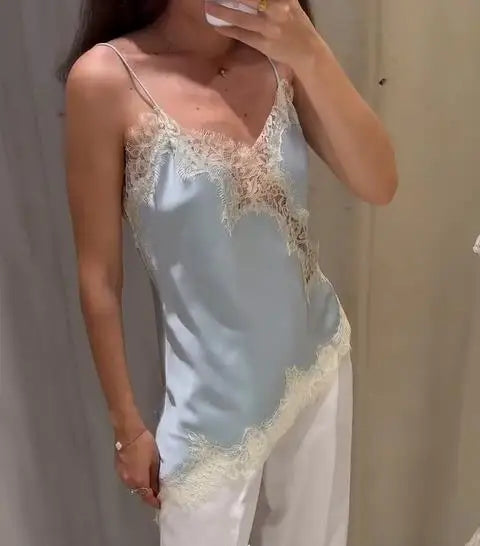 New Satin Lace Splicing Sling Dress Women Elegant Irregular Hem V Neck Backless Sleeveless Gown Chic Women Party Club Vestido