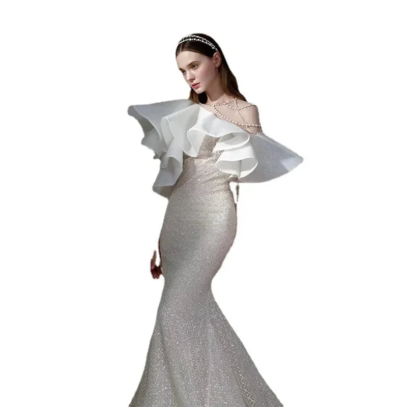 Maxy Elegant White Bridal Toasting Dress Stand Collar Puff Sleeve Mermaid Long Party Gown Hollow Out Backless Wedding Evening Dress