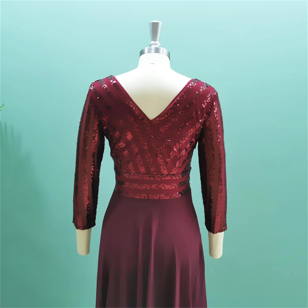 Graceful Long Burgundy Evening Dress 3/4 Sleeves A Line Sequined Top A Line Women Formal Occasion Gowns For Prom Party Wholesale