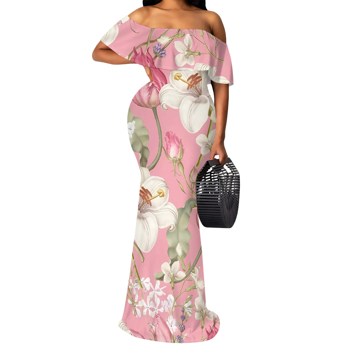 Maxy Pink Floral Print Off Shoulder Ruffle Dress Women Slim Fit Elegant Summer Party Dress