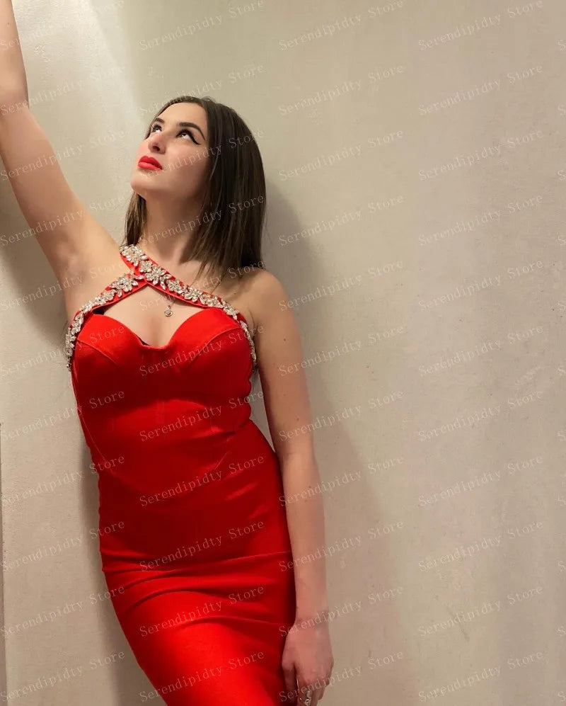 Maxy One Shoulder Red Satin Mini Length Party Dress Above Knee Sleeveless Satin Cocktail Dresses Cryatsls Beaded Women Clothing