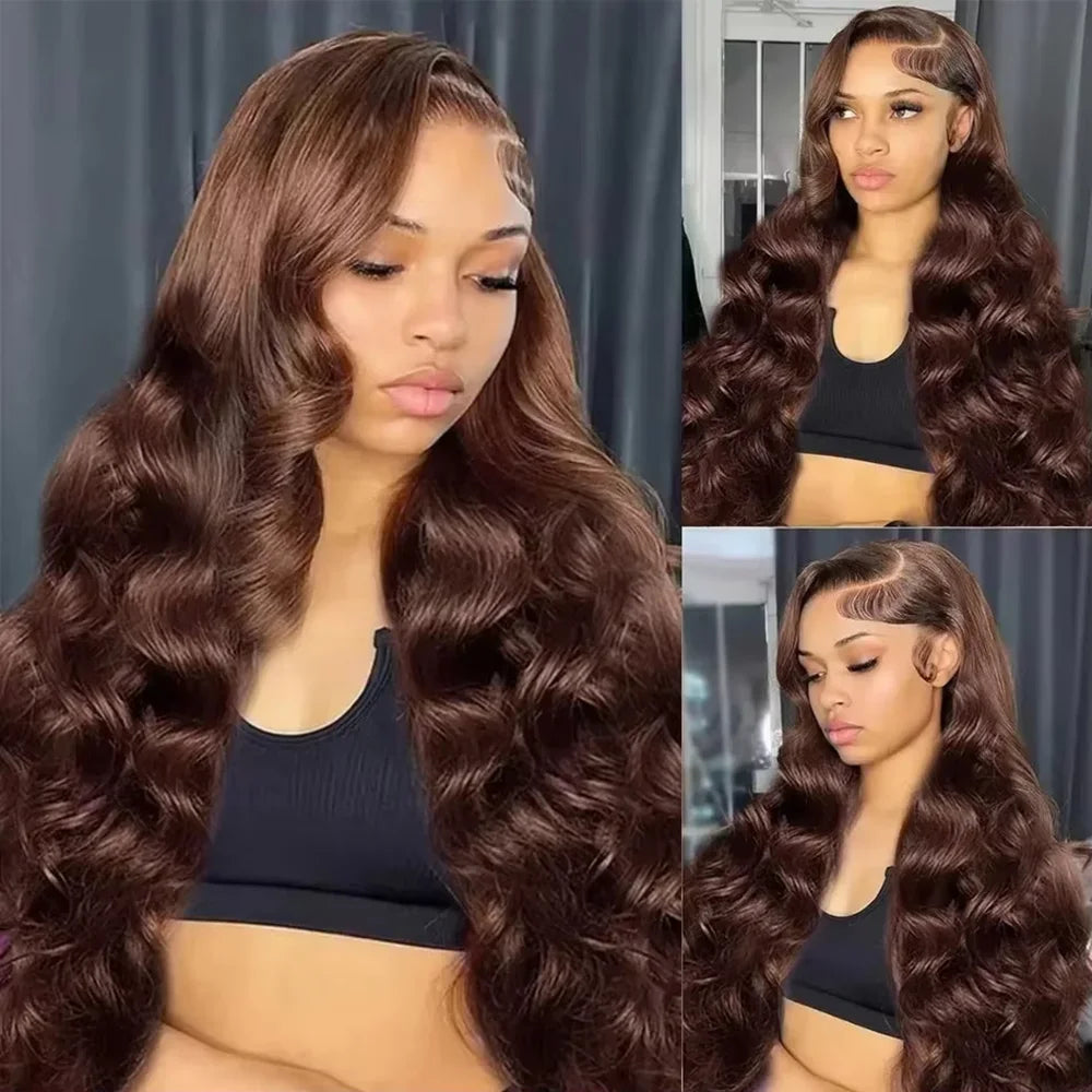Chocolate Brown 13x6 13x4 Body Wave Layered Cut Human Wig Lace Front Human Hair Wigs Brown Colored Wigs 220% Density For Women