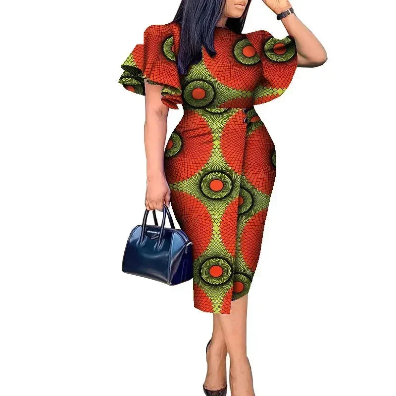 Maxy African Women Clothing Wax Print Kitenge Designs Butterfly Sleeve Dress WY8313
