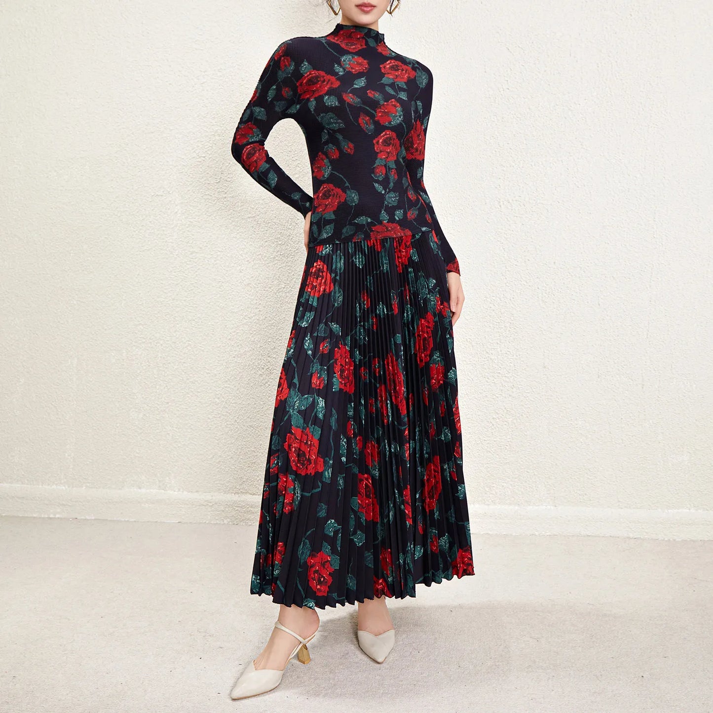 Maxy Momoka printed stretch top and long pleated skirt casual one size accept customized skirt two piece set