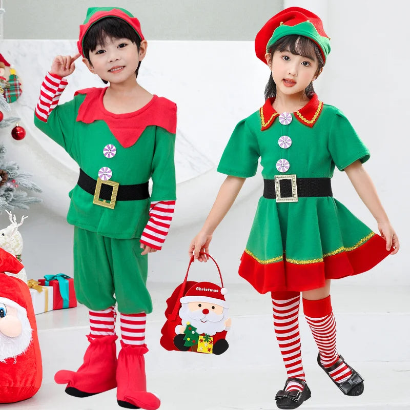 Max Christmas Santa Claus Costume Green Elf Cosplay Family Carnival Party New Year Fancy Dress Clothes Set For  Girls Boys