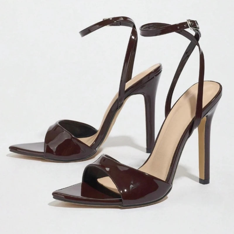 Maxy Coffee Patent Leather Heeled Sandals Women Fashion Pointed Toe Ankle Buckle Brand Designer Shoes Sexy Open Toe