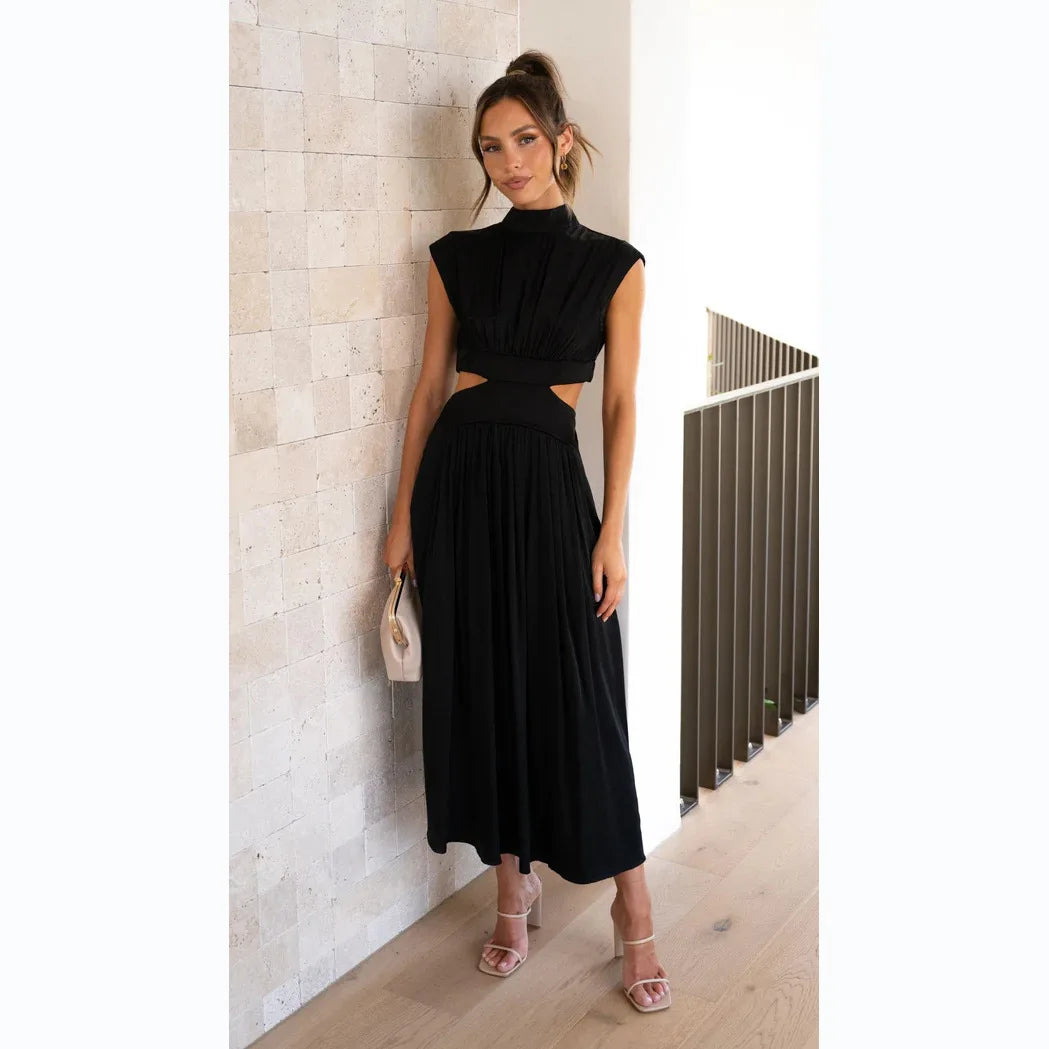 Maxy Summer Solid Color Sleeveless Dresses Women Temperament Elegant Stand Collar Hollow Out A-line Long Dress Ladies Trendy Vestidos