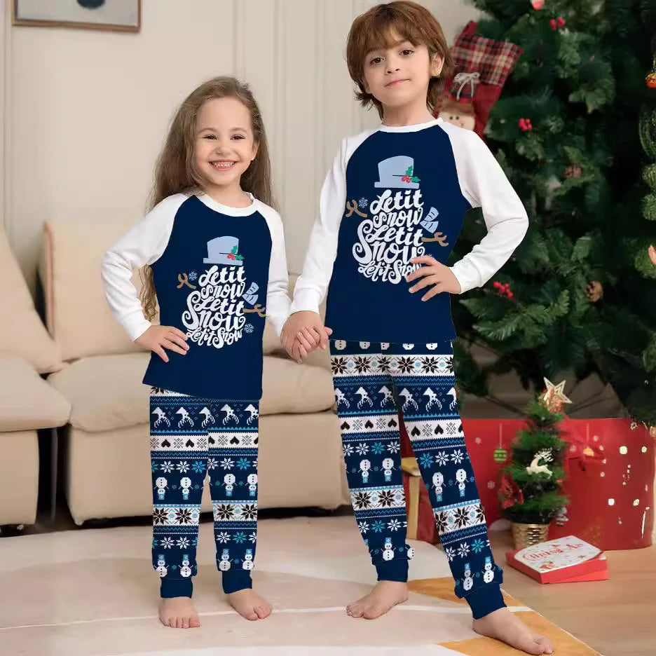 Maxy Blue Christmas cartoon letter printing family Christmas suit Family holiday home wear long sleeve pajamas pajama pants 2 sets