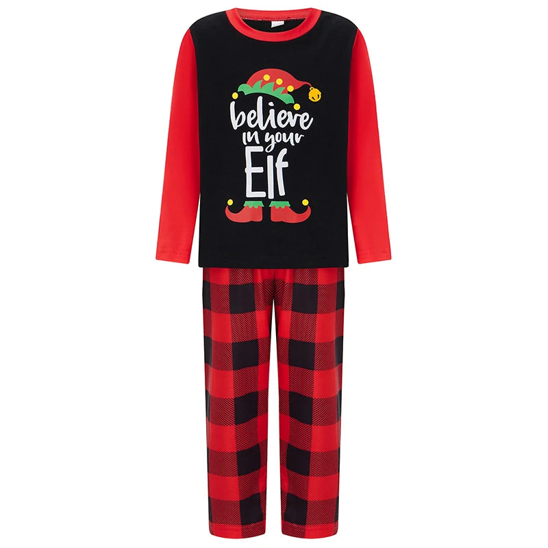 Matching Christmas Pajamas for Family Long Sleeve Elf Print Tops Plaid Pants Set Loungewear