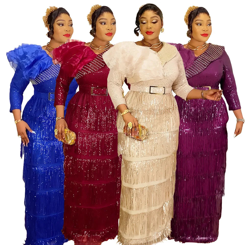 Maxy Plus Size African Party Dresses for Women New Dashiki Tassel Sequin Wedding Evening Gown Elegant Muslim Maxy Dress Outfits