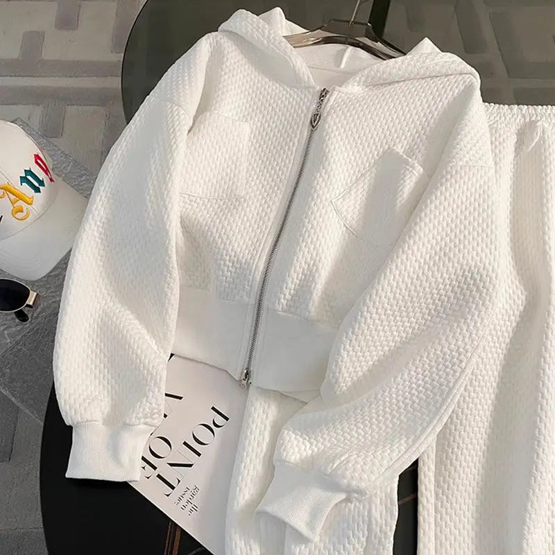 White Casual Sports Suit New Women's Loose and Age Reducing Thin Style Long Sleeved Hooded Sweatshirt Long Pants Two-piece Set