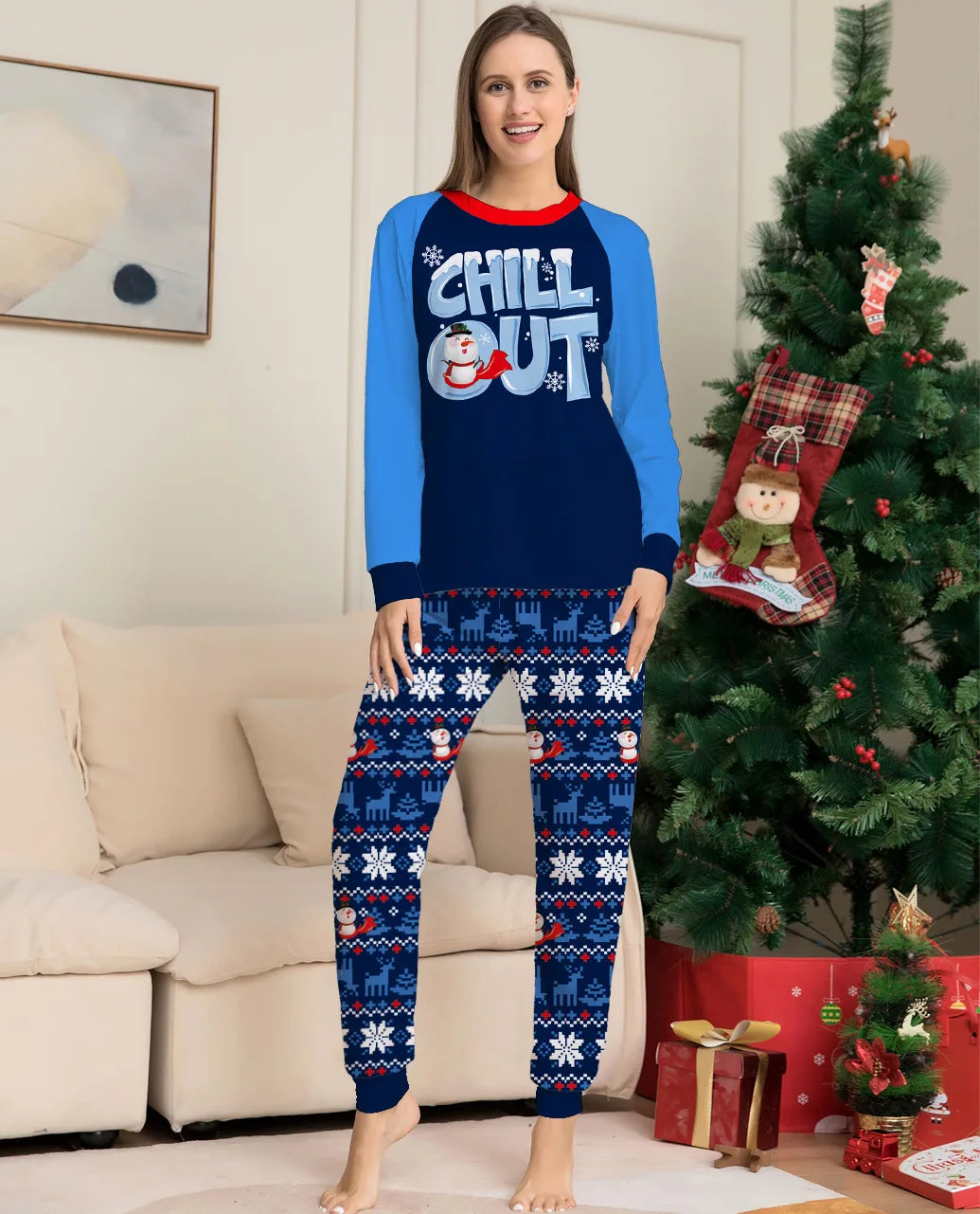 Christmas Pajamas Family Set Blue Printed Family Matching Christmas Pajamas Couples Women Men Kids Boy Girls Christmas Pjs Set