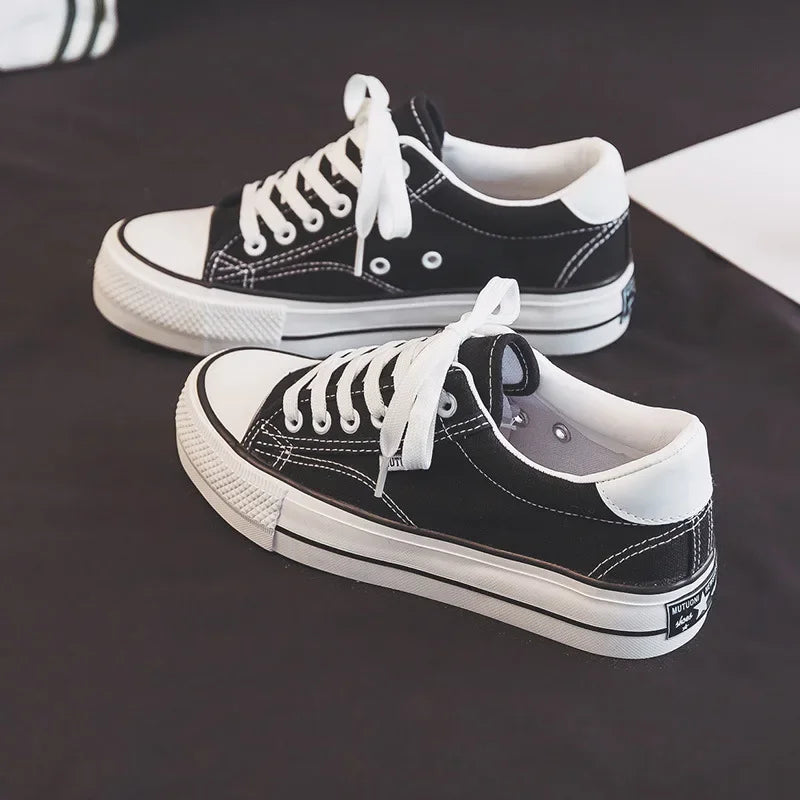 Amay Shoes For Women Low-Top Vulcanized Canvas Platform Sneakers Black Flats Tennis Female Classic Student Small Couples Skateboard