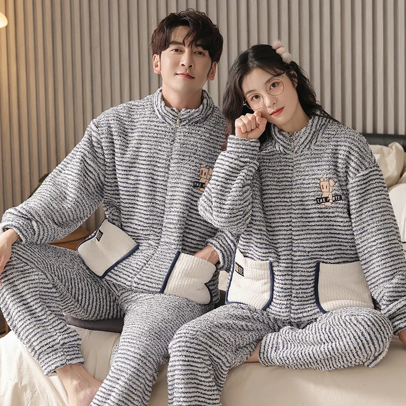 Maxy Newest Couple Pajamas Set Flannel Sleepwear Women Men Warm Fleece Pijama Winter Lovers Kimono Home Clothes