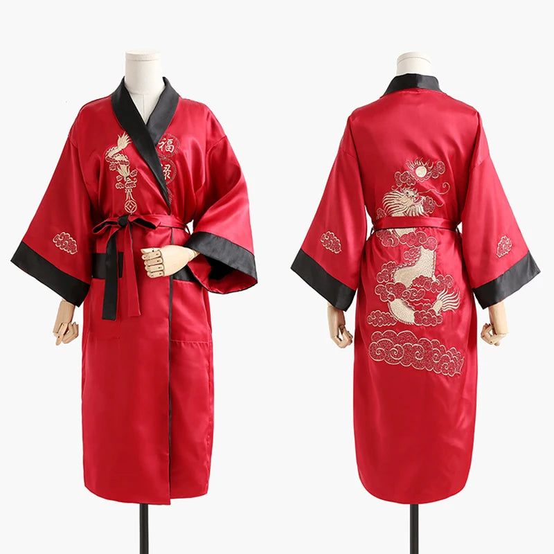 Maxy Novelty Reversible Black Red Women Kimono Yukata Satin Embroidery Dragon Nightgown One Size Robe Gown Two Side Sleepwear