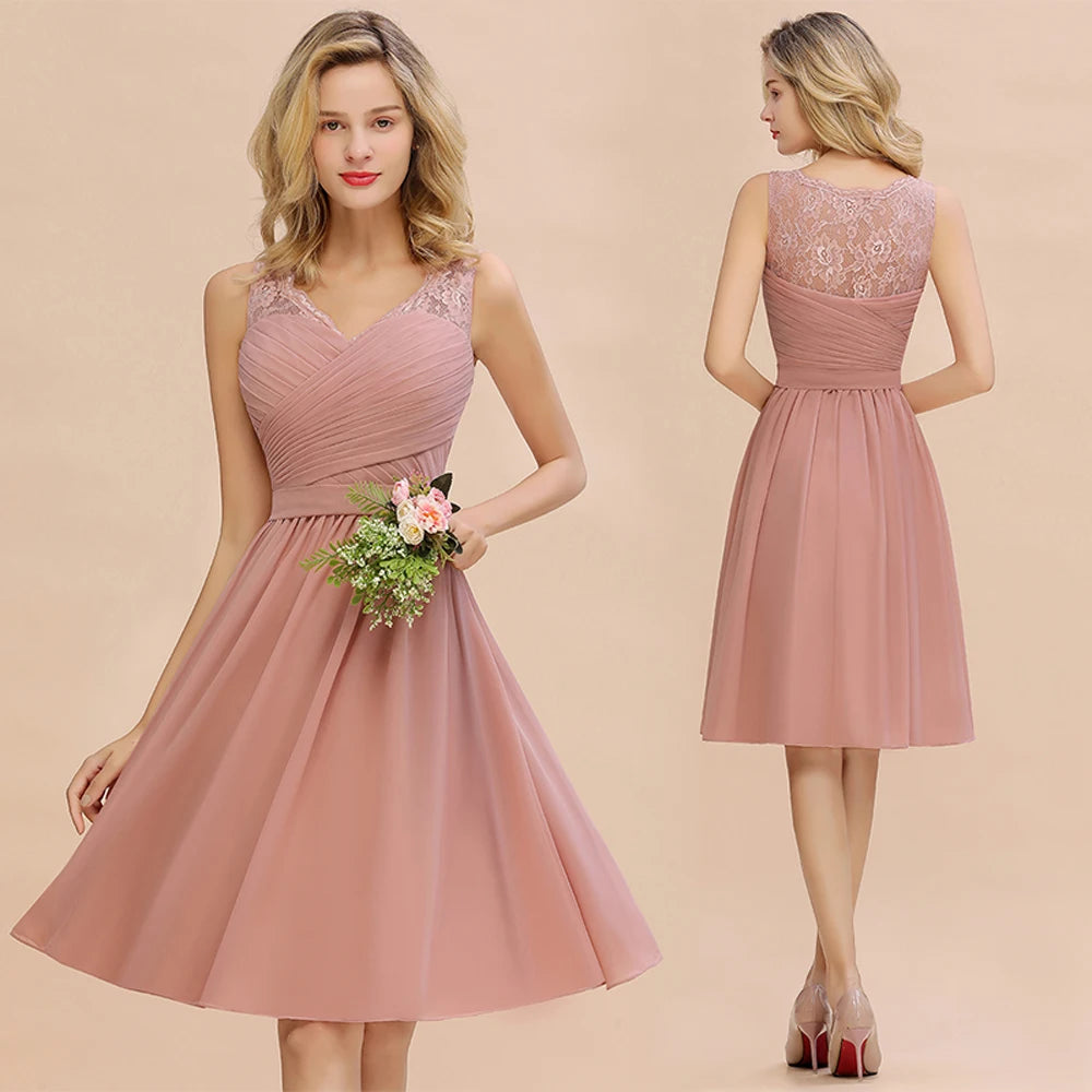 Maxy Hot Sale Chiffon Lace Bridesmaid Dresses Pleat V Neck Short Formal Wedding Evening Party Prom Gown For Bride Cocktail Vestidos