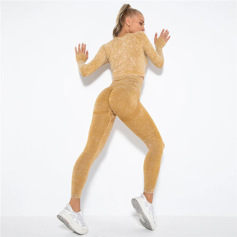 Seamless Sports Suits Women O-neck Crop Tops Long Sleeve Push Up Leggings Sets Gym Wear Summer Two Pieces Sets Tracksuit Feamle
