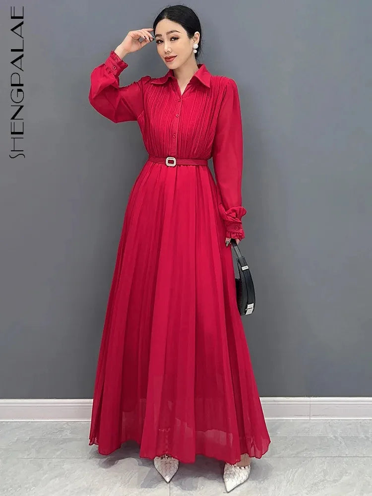 Babs SHENGPALAE New Fashion Versatile Dress for Women Long Sleeve Collar Button Trendy Casual Elegant Female Long Dresses 5C1314