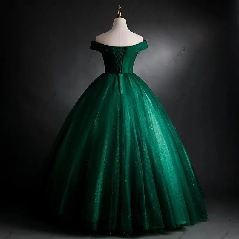Maxy Dark Green Mexican Quinceanera Dresses Ball Gown Off the Shoulder Sequined Beading Tulle Birthday Vestidos De XV Anos Ball Gowns