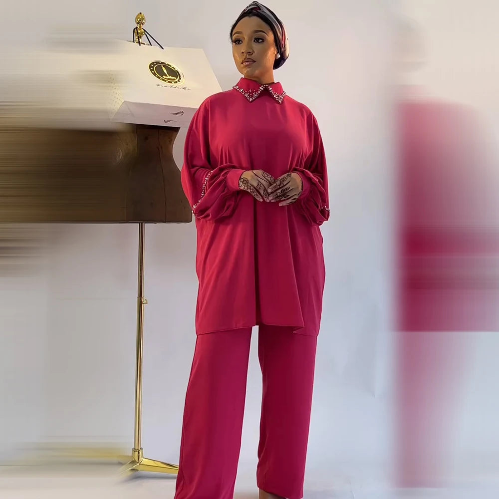 Maxy African Women's Spring Summer Long Sleeved Shirt collar Loose Top High Waist Long Pants Hot Diamond Casual Two 2 Pieces Set 2025
