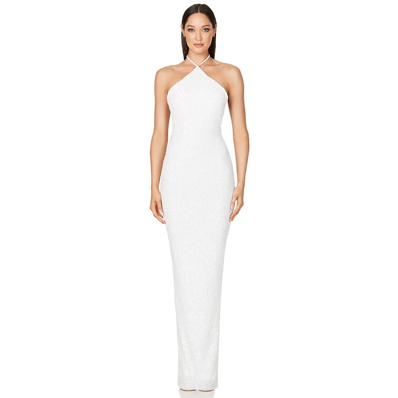 Maxy Lower Split Elegant Dress Women For Wedding Party Cocktail Prom Dress Sequin Neck Hanging Sexy Long Formal Evening Dresses Hxy9