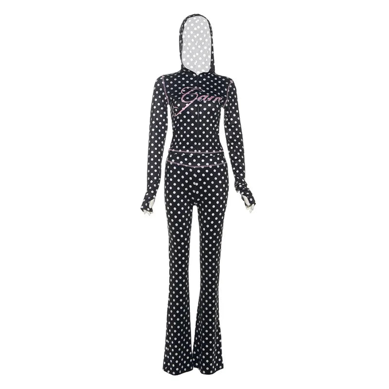 Maxy Dot Letter Print 2 Piece Set Woman Tracksuit Trend Sexy Hooded Jacket+Pants Skinny Stretch Matching Streetwear