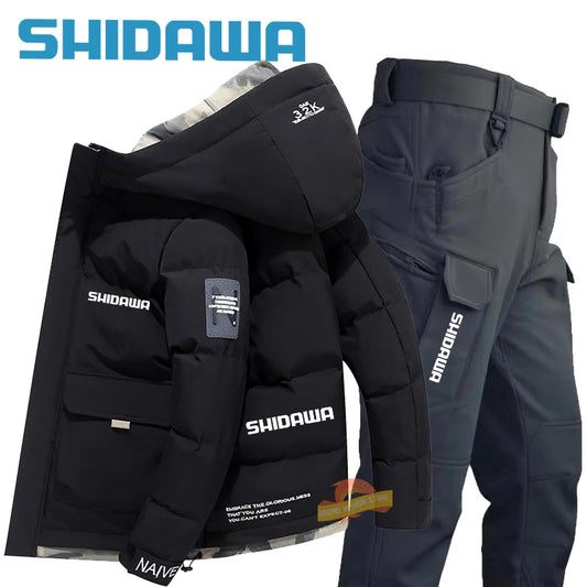 Maxy New Fishing Suit Men Winter Down Clothing Windproof and Coldproof Mountain Climbing Jacket + Waterproof Warm Pants Two-piece Set